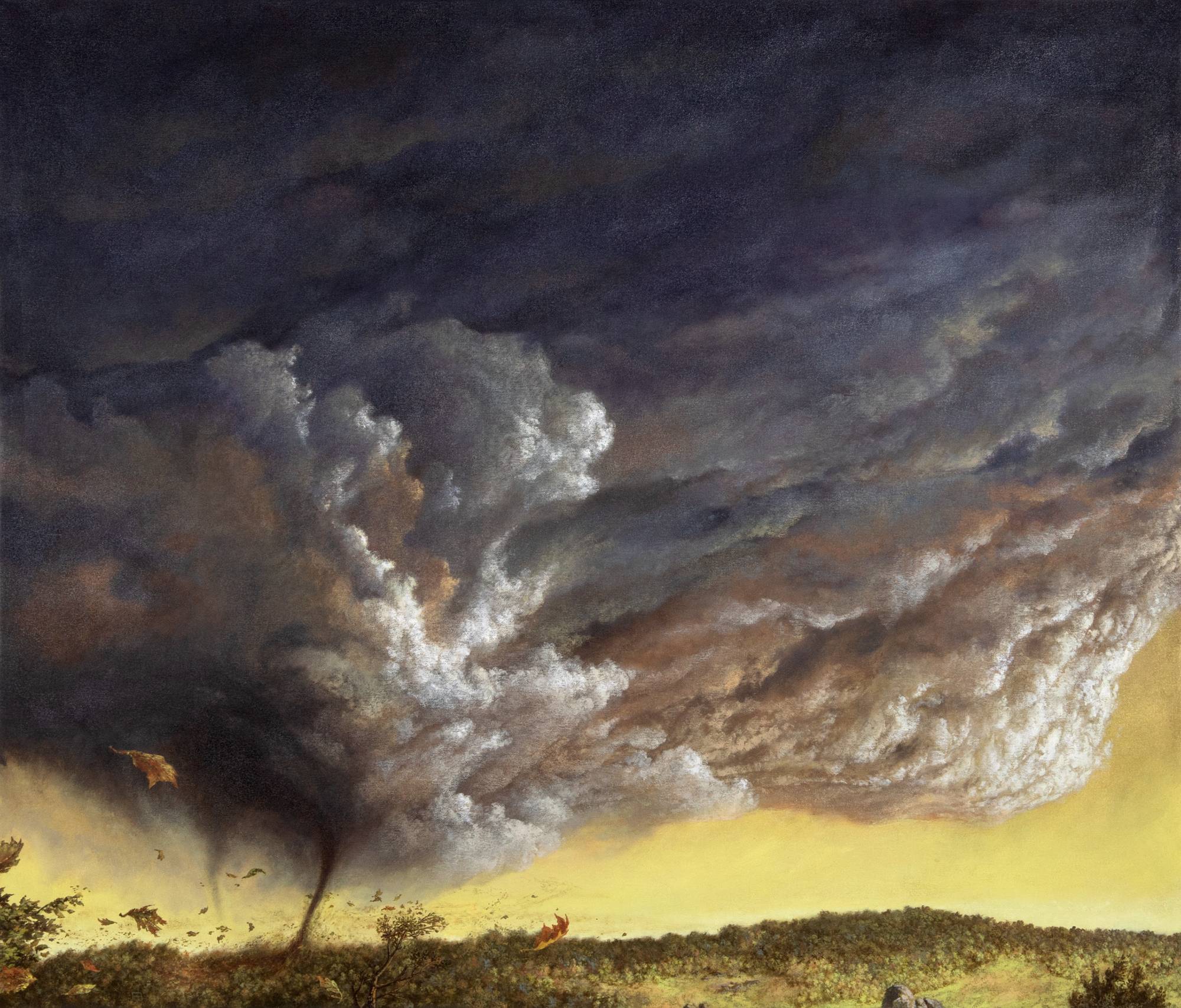 Painting of a dark cloud with tornado touching the ground against a yellow sky, tossing leaves around.